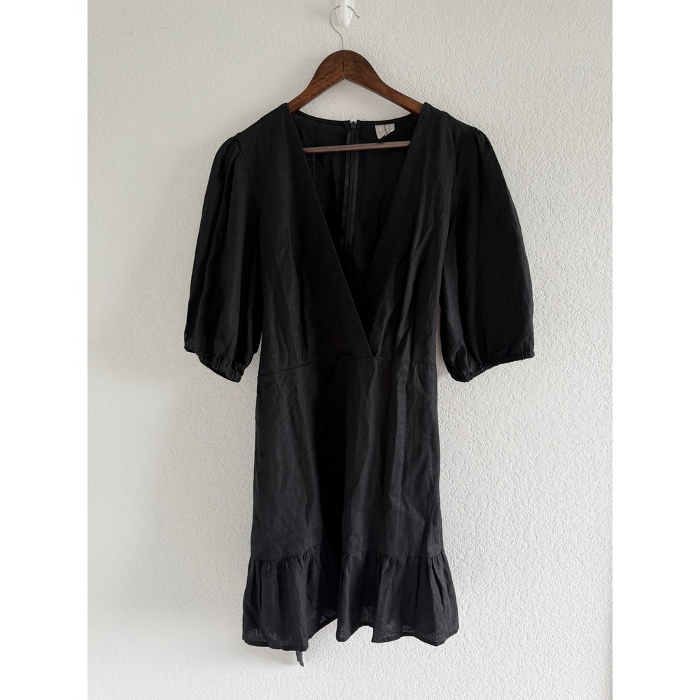 ASOS Cottagecore Mini Dress Size L Black Linen Blend Ruffle Hem Spring Summer
